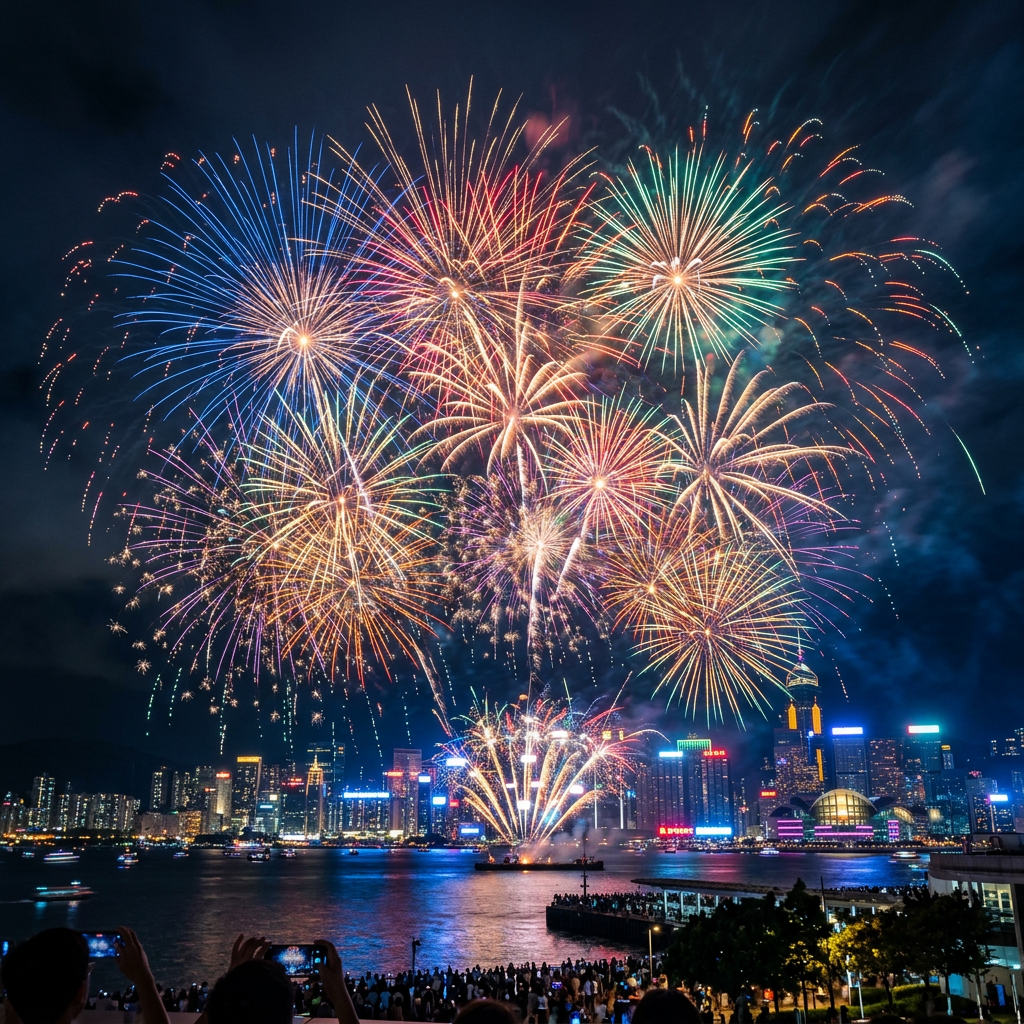 Colorful fireworks bursting over a city skyline at night with crowds watching by the water